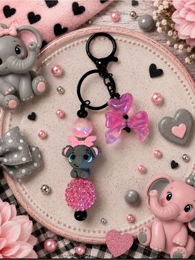Hand Crafted Pink & Gray Cute Elephant Beaded Keychain